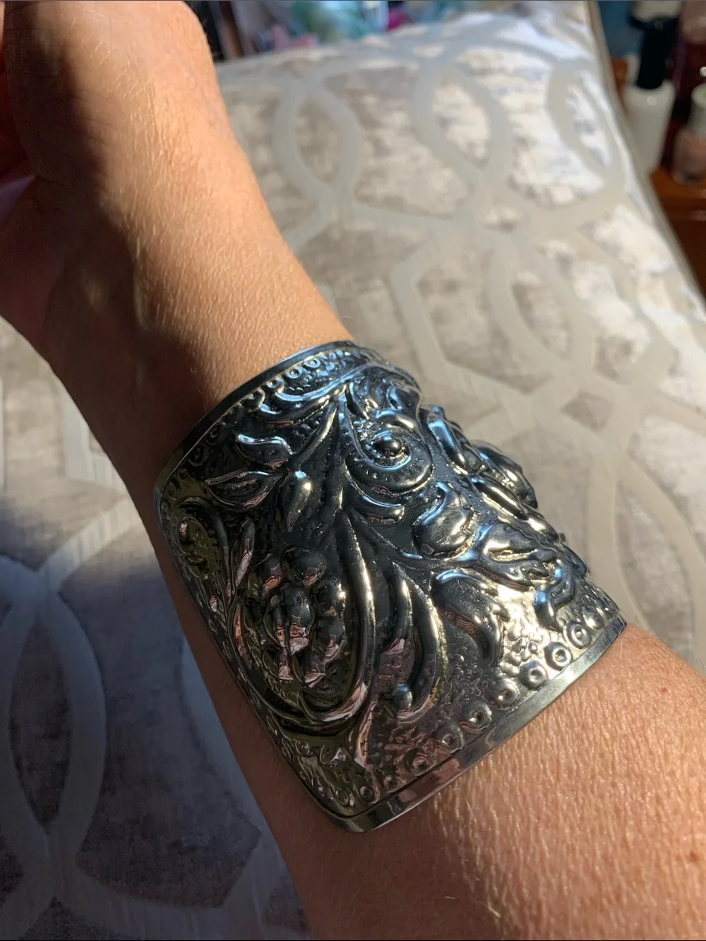 Wide Vintage Floral Cuff Bracelet Silver Tone